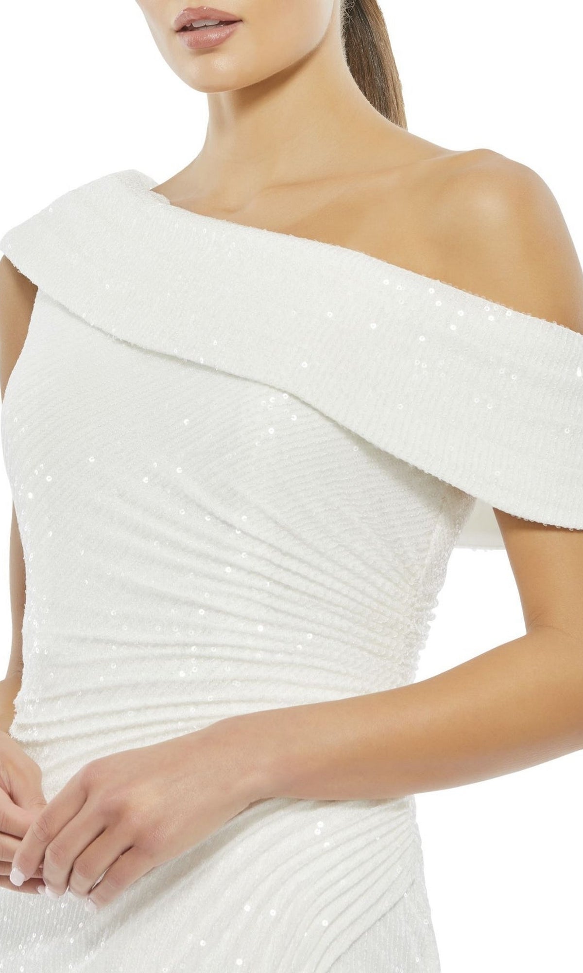 A woman models the Mac Duggal 26550 Drop-Shoulder Sequin Formal Gown, a chic white textured evening dress with subtle sequins, shown from shoulders to hips.